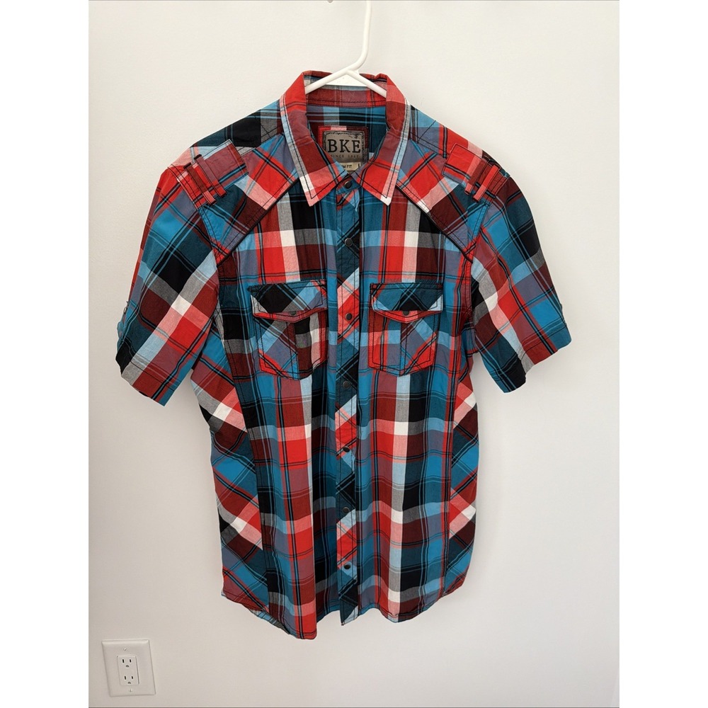 BKE Western Snap Short Sleeve Shirt Mens Large Multicolor Plaid Excellent Slim
